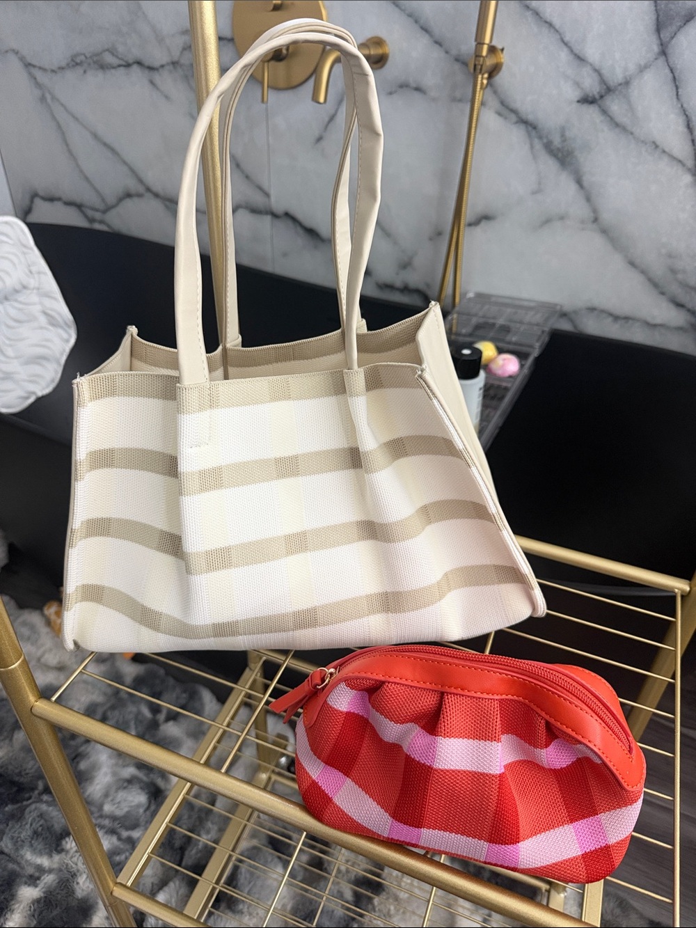 Neiman Marcus Cream Striped Tote with Red and Pink Cosmetic Pouch